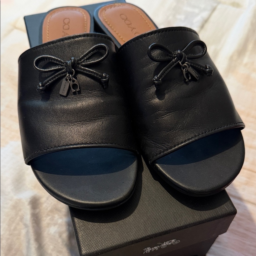 Coach Black Leather Mules with Bow Accent